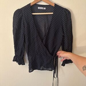 Reformation Navy Polka Dot Wrap Top